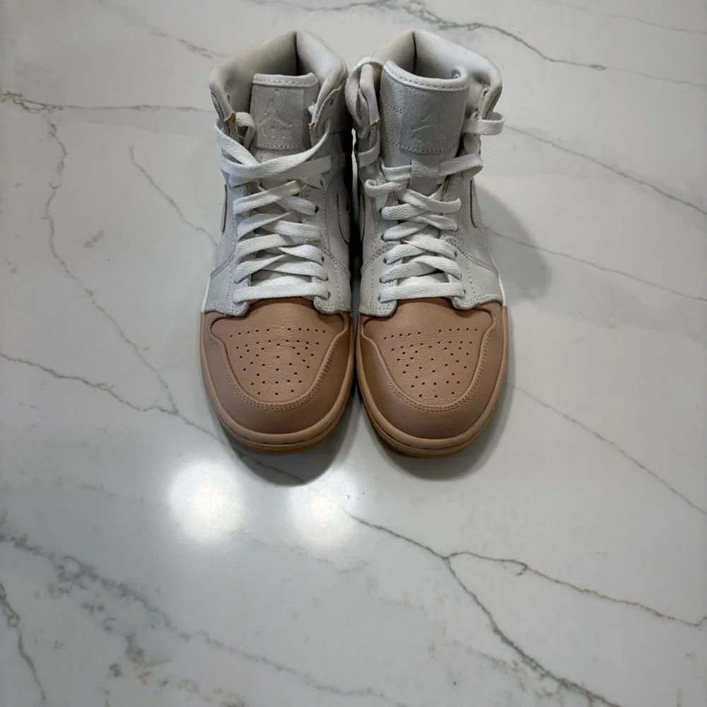Nike Women’s retro Air Jordan 1 Mid White and Tan Sneakers